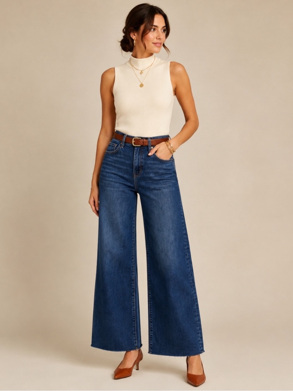 NEW Risen Jeans High-Waist Raw Hem Wide-Leg Tummy Control Denim Jeans Size 27